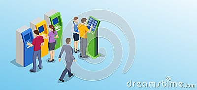Isometric man waiting for the credit card inserting from ATM Machine. ATM service machine of a bank. Automated teller Vector Illustration