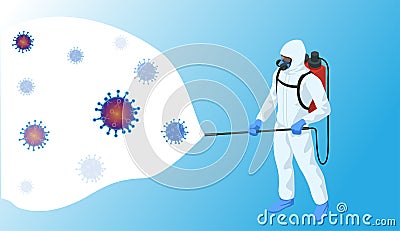 Isometric man in a white suit disinfects the street with a spray gun. Virus pandemic COVID-19. Prevention against Vector Illustration