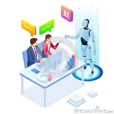 Isometric man and woman with robot artificial intelligence working , robot working with virtual display. RPA, artificial Vector Illustration