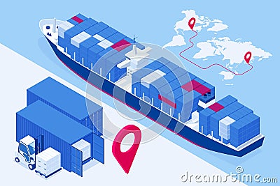 Isometric Maritime transport logistics concept. Ship cargo delivery or boat shipping containers and parcel boxes. Import Vector Illustration