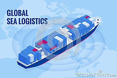 Isometric Maritime transport logistics concept. Ship cargo delivery or boat shipping containers and parcel boxes. Import Vector Illustration