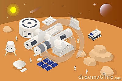 Isometric Mars Colonization, Biological terraforming, Paraterraforming, Adapting humans on Mars. Astronautics, space Vector Illustration