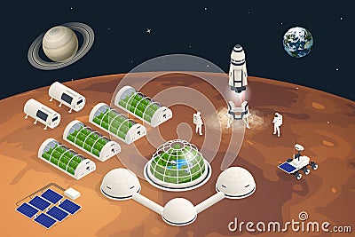 Isometric Mars Colonization, Biological terraforming, Paraterraforming, Adapting humans on Mars. Astronautics and space Vector Illustration