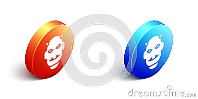 Isometric Mask of the devil with horns icon isolated on white background. Orange and blue circle button. Vector Vector Illustration