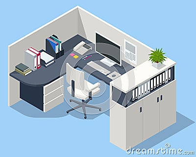 Isometric massive computer table with desktop and chair, office interior. Modern cozy loft office interior. Vector Illustration