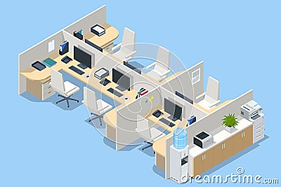 Isometric massive computer table with six desktops and chairs, office interior. Modern cozy loft office interior. Vector Illustration