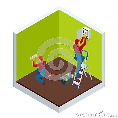 Isometric master electrician at work near the plate with a plurality of wires. Repairs in the house or apartment, wiring Vector Illustration