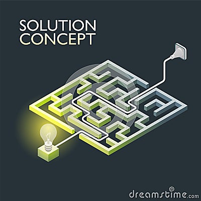 Isometric maze with electric light, labyrinth solution concept. Vector Illustration