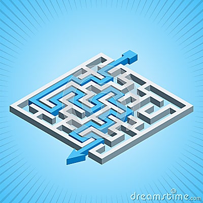Isometric maze, labyrinth solution concept on a blue radial background. Vector Illustration