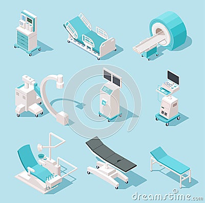 Isometric medical equipment. Hospital diagnostic tools. Health care technology 3d machines vector set Vector Illustration