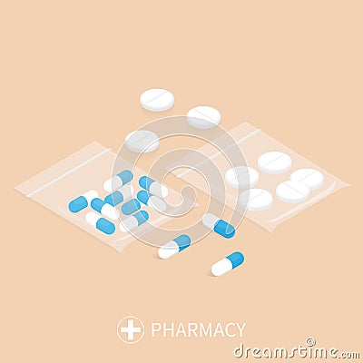 Isometric medicine pills zip bag Vector Illustration