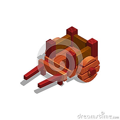 Isometric medieval wooden cartoon wheelbarrow for game on white background. Vector Illustration