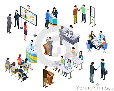 Isometric meeting. Business people on presentation conference. Team work process at table. 3d businessmen training Vector Illustration