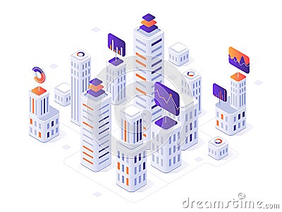 Isometric megalopolis infographic. City buildings, futuristic urban and town business office district metrics 3d vector Vector Illustration