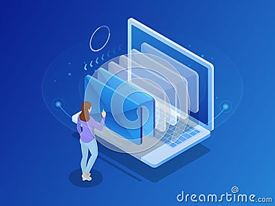 Isometric message online chat social text concept. Business woman holding smartphone with emails. Vector illustration Vector Illustration