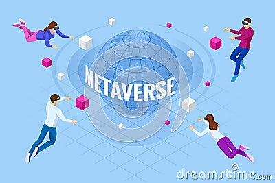 Isometric metaverse concept. Network of 3D virtual worlds focused on social connection. Internet as a single, universal Vector Illustration