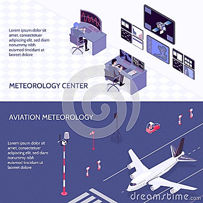 Isometric Meteorological Weather Center Banner Set Vector Illustration
