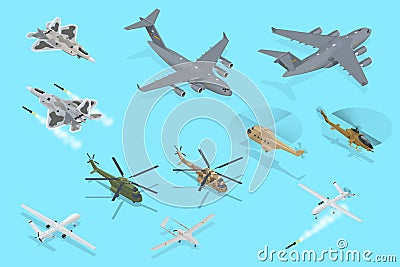 Isometric Military Aviation Air Force Set collection. Modern military jet for heavy cargo. Transport helicopter Vector Illustration