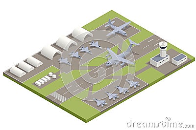Isometric military fighter jet aircrafts, large military transport aircraft, parked. Military air force base army Vector Illustration