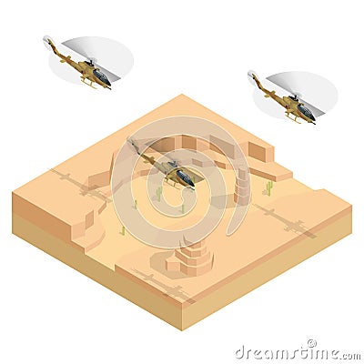 Isometric Military helicopter over the desert. Flat 3d vector illustration Vector Illustration