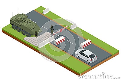 Isometric military Roadblock on the road, checkpoint, military barriers Vector Illustration