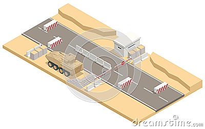 Isometric military Roadblock on the road, checkpoint, military barriers Vector Illustration