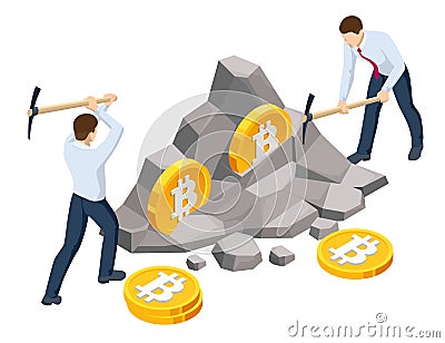 Isometric miner is digging on golden bitcoin. Devices and technology for mining cryptocurrency. Machines for mining Vector Illustration