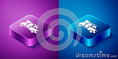 Isometric Minibus icon isolated on blue and purple background. Square button. Vector Stock Photo