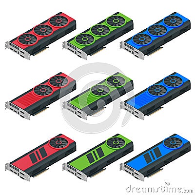 Isometric Mining Farm crypto Bitcoin or Mining video card, Miner of GPU, Technology extraction crypto currency, Virtual Vector Illustration