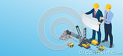 Isometric mining quarry, mine with large quarry dump truck and power shovel. Coal mine. High-mining industry. Builders Vector Illustration