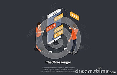 Isometric Mobile chat dialog, messenger concept, mobile phone keyboard, chatbot, support online. Vector Illustration