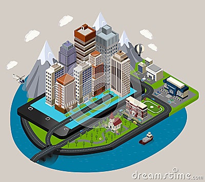 Isometric Mobile City Concept Vector Illustration