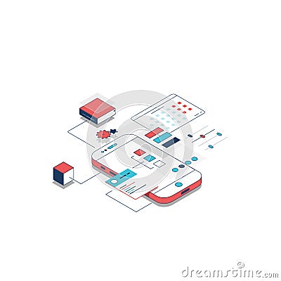 Isometric mobile development line illustration Vector Illustration