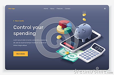 Isometric mobile device, diagram, calculator, piggy bank and money. Vector Illustration