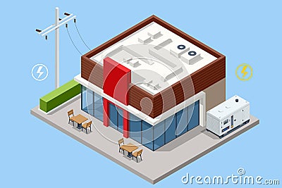 Isometric mobile industrial diesel power generator outside a store.Industrial and home immovable power generator Vector Illustration