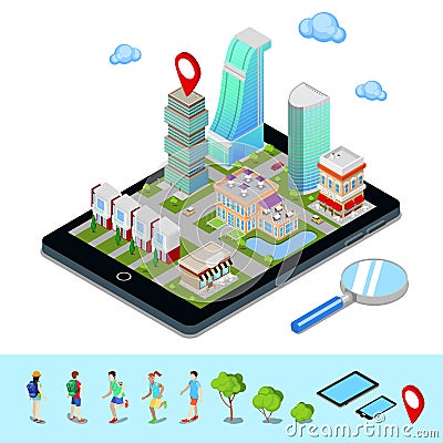 Isometric Mobile Navigation. Tourism Industry. Modern City Vector Illustration