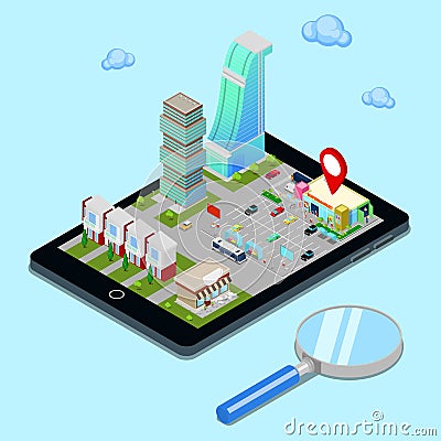 Isometric Mobile Navigation. Tourism Industry. Modern City on the Tablet Screen Vector Illustration