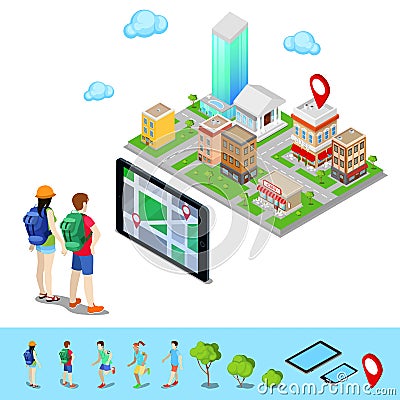 Isometric Mobile Navigation. Tourists Searching Route in the City Vector Illustration