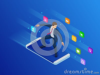 Isometric mobile phone and businessman. Virtual business Surfing. Smart and simple web interface with different apps and Vector Illustration