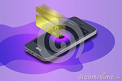 Isometric mobile phone, internet online banking. Isometric protection shopping wireless pay with smartphone. Vector Illustration