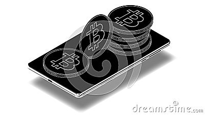 Isometric mobile phone silhouette with Bitcoin BTC coins isolated on white background Vector Illustration