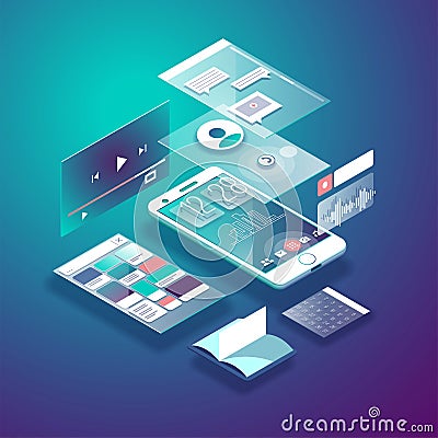 Isometric mobile phone. Smart and simple web interface with different apps and icons. 3d vector illustration. Vector Illustration