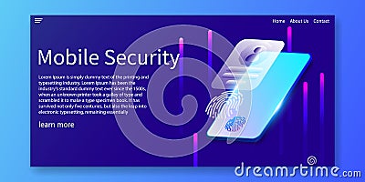 Isometric Mobile Security and Biometrics identification concept, fingerprints, facial recognition, Web template design.vector Cartoon Illustration