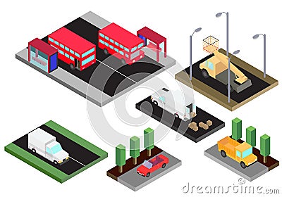 Isometric model of various isolated cars double-decker red bus, truck, bucket truck, cabriolet, van Vector Illustration