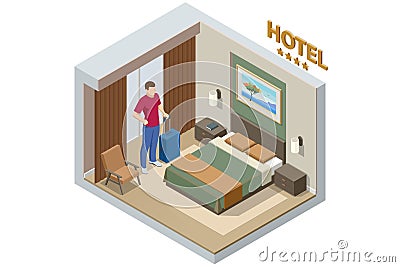 Isometric Modern Bedroom Suite in Hotel. Hotel Checking in and Having Rest in Their Rooms. Enjoy the Holiday and Stock Photo