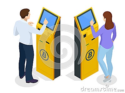 Isometric modern Bitcoin ATM. Cryptocurrency cash dispenser. Buying and selling bitcoins, one of new era cryptocurrency Vector Illustration