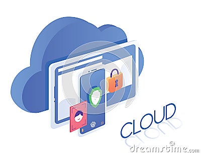 Isometric modern cloud security technology tablet and smart phone security networking concept vector Cartoon Illustration