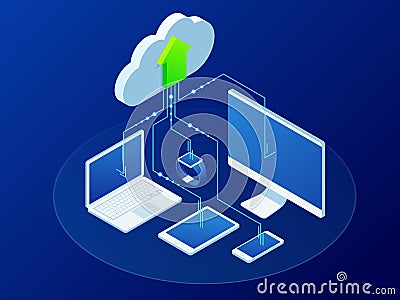 Isometric modern cloud technology and networking concept. Synchronizing devices with cloud storage. Web cloud technology Vector Illustration