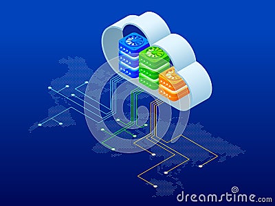 Isometric modern cloud technology and networking concept. Web cloud technology business. Internet data services vector Vector Illustration