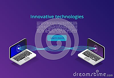 Isometric modern computers technology and networking concept. Web cloud technology business. Internet data services Vector Illustration